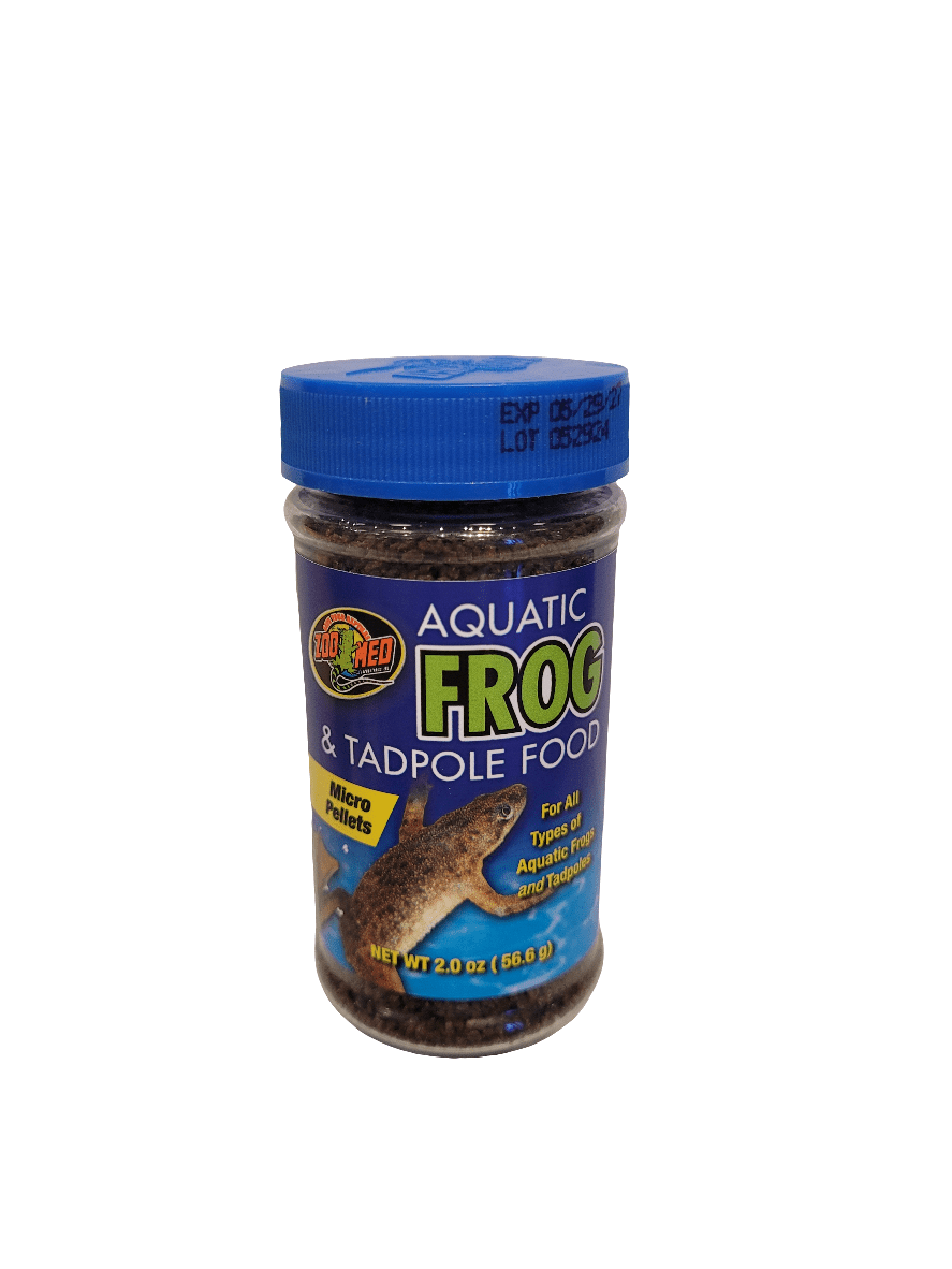 A 2oz jar of Zoo Med - Aquatic Frog And Tadpole Food, featuring a blue lid, showcases a frog image on the label and describes it as Micro Pellets suitable for all types of aquatic frogs and tadpoles.