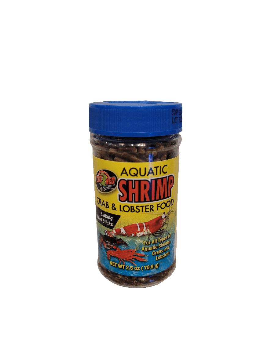 A jar of Zoo Med Aquatic Shrimp Crab & Lobster Food weighing 2.5 oz features a blue lid, with the label displaying the text "Aquatic Shrimp Crab & Lobster Food" and images of aquatic creatures.