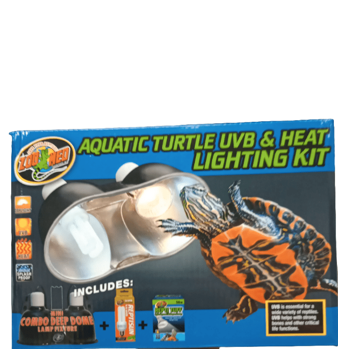 Box for the Zoo Med Aquatic Turtle UVB & Heat Lighting Kit, showcasing an image of a turtle. The package contains a lamp fixture and bulbs for UVB and heat, crucial for maintaining turtle health and vitality.