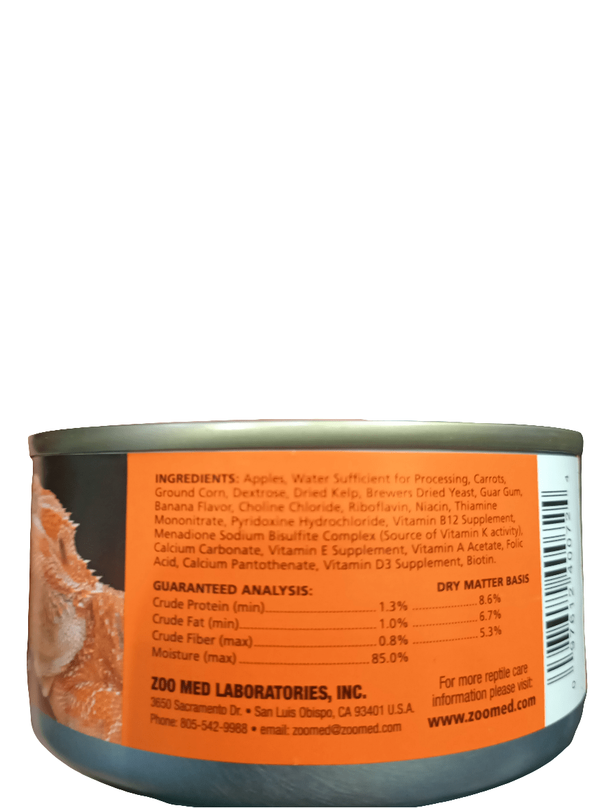 A can of Zoo Med Bearded Dragon Food 6 Oz, displaying an orange label that includes a list of ingredients, nutritional analysis, and contact information for Zoo Med Laboratories, Inc., with the image highlighting the text and details on the label.