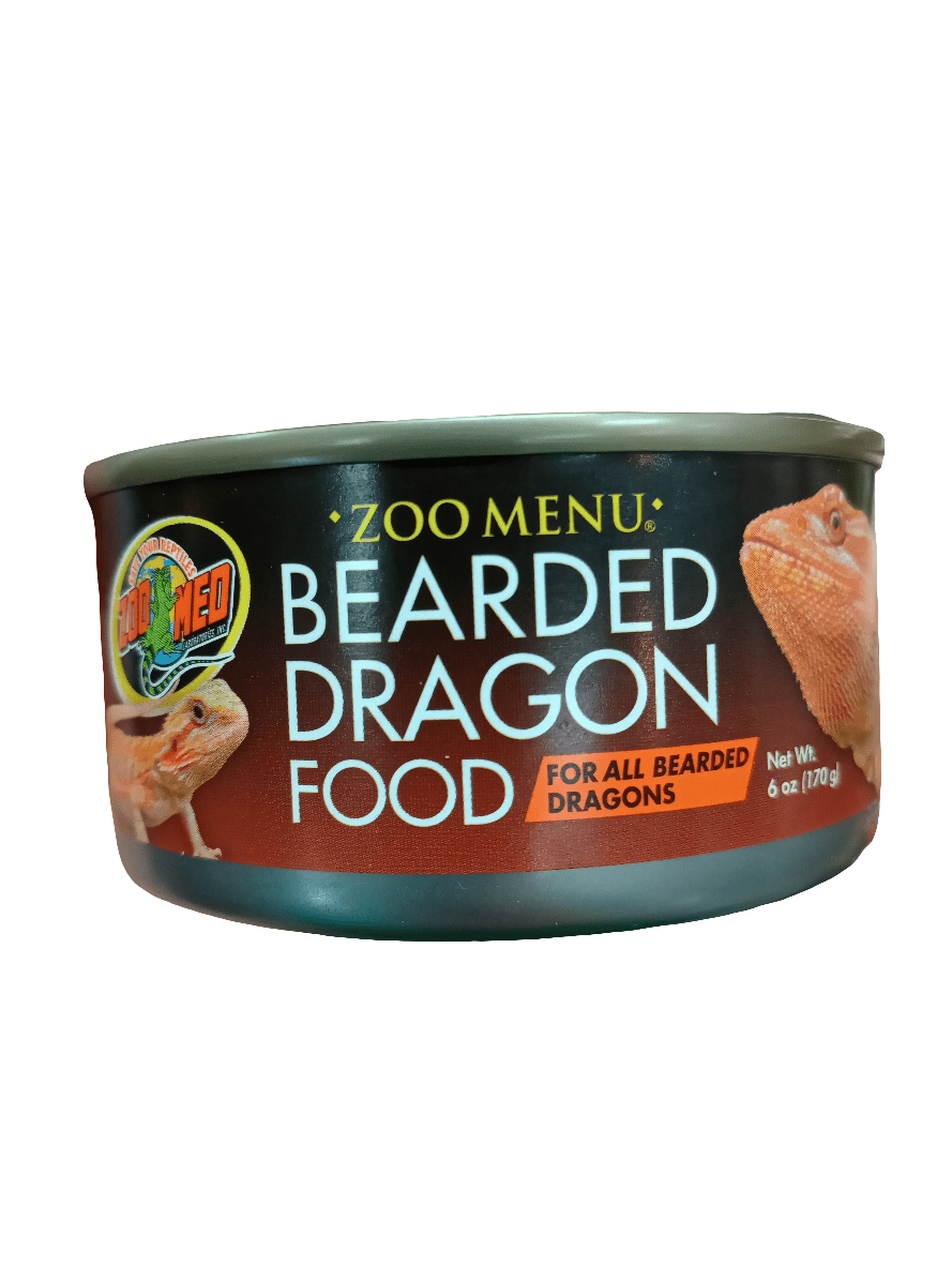 A can of Zoo Med Bearded Dragon Food 6 Oz featuring an image of a bearded dragon on the label, weighing 6 oz (170 g), suitable for all bearded dragons.