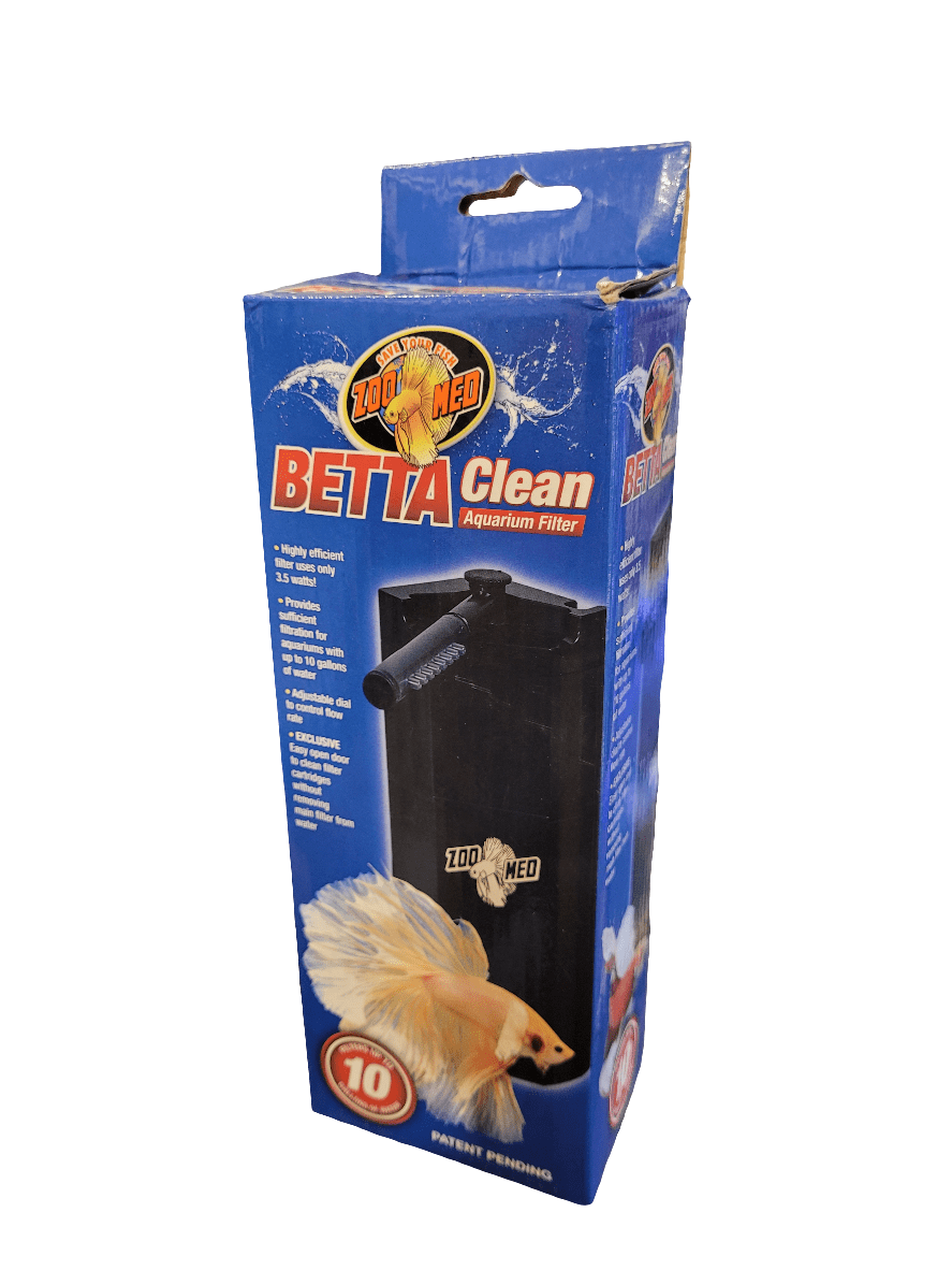 The Zoo Med - Betta Clean Aquarium Filter comes in blue packaging, featuring an image of a Betta fish on the front. It boasts key features such as a capacity for 10 gallons and offers mechanical filtration.