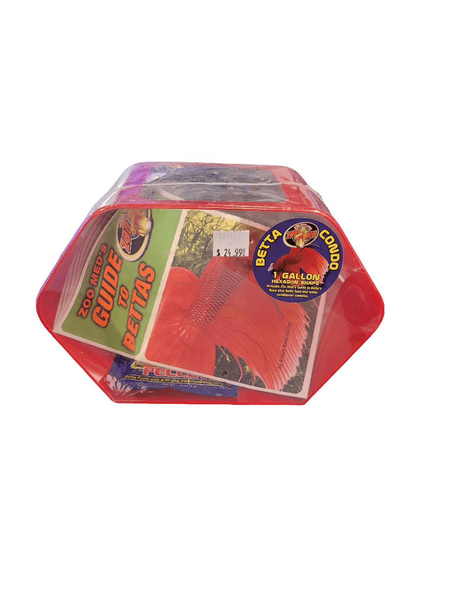 A packaged product, labeled as the Zoo Med - Betta Condo Kit, is displayed in a clear plastic case. The kit includes a book titled "Guide to Bettas" and a container called "Betta Condo," all for $24.99.