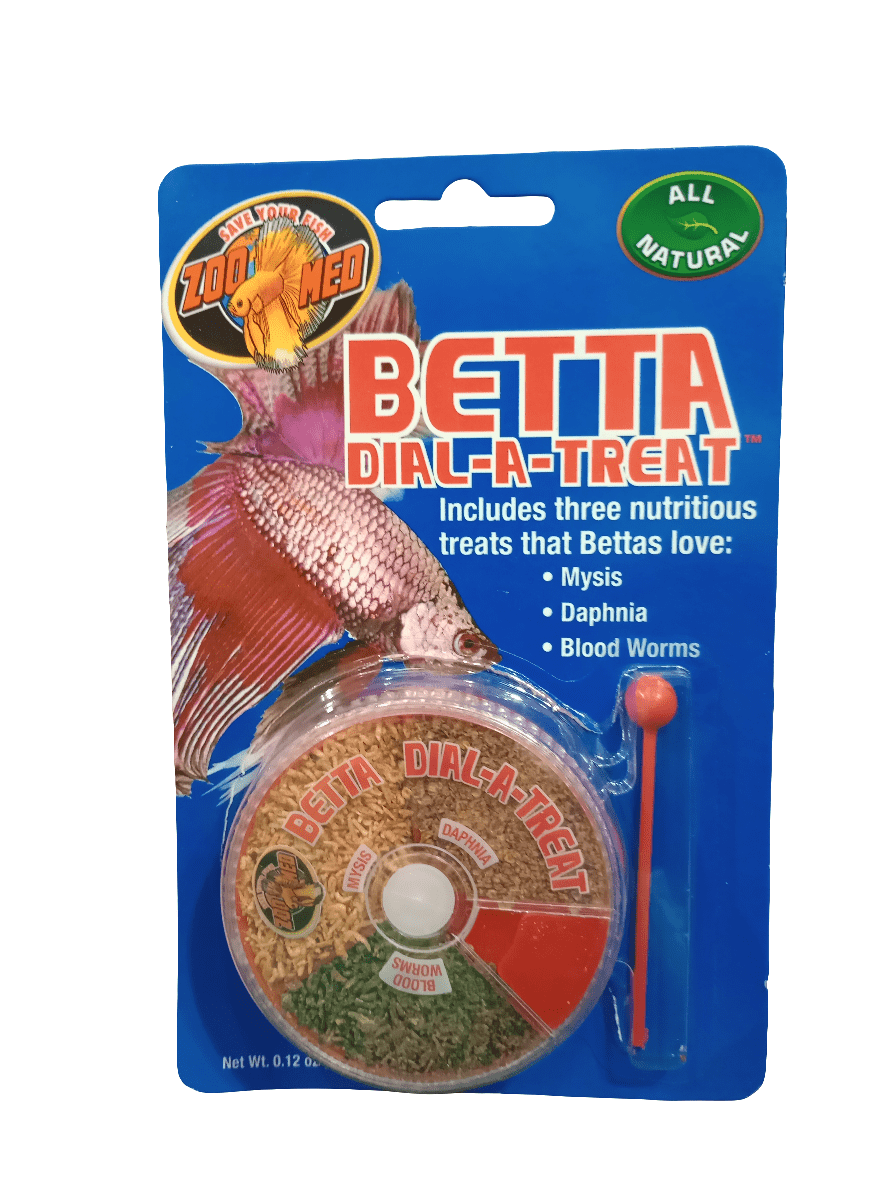 Package of Zoo Med - Betta Dial A Treat showcasing a betta fish illustration. The package contains three varieties of treats: Mysis, Daphnia, and Blood Worms. It features an All Natural label and comes with a small feeding spoon.