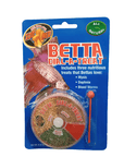 Package of Zoo Med - Betta Dial A Treat showcasing a betta fish illustration. The package contains three varieties of treats: Mysis, Daphnia, and Blood Worms. It features an All Natural label and comes with a small feeding spoon.