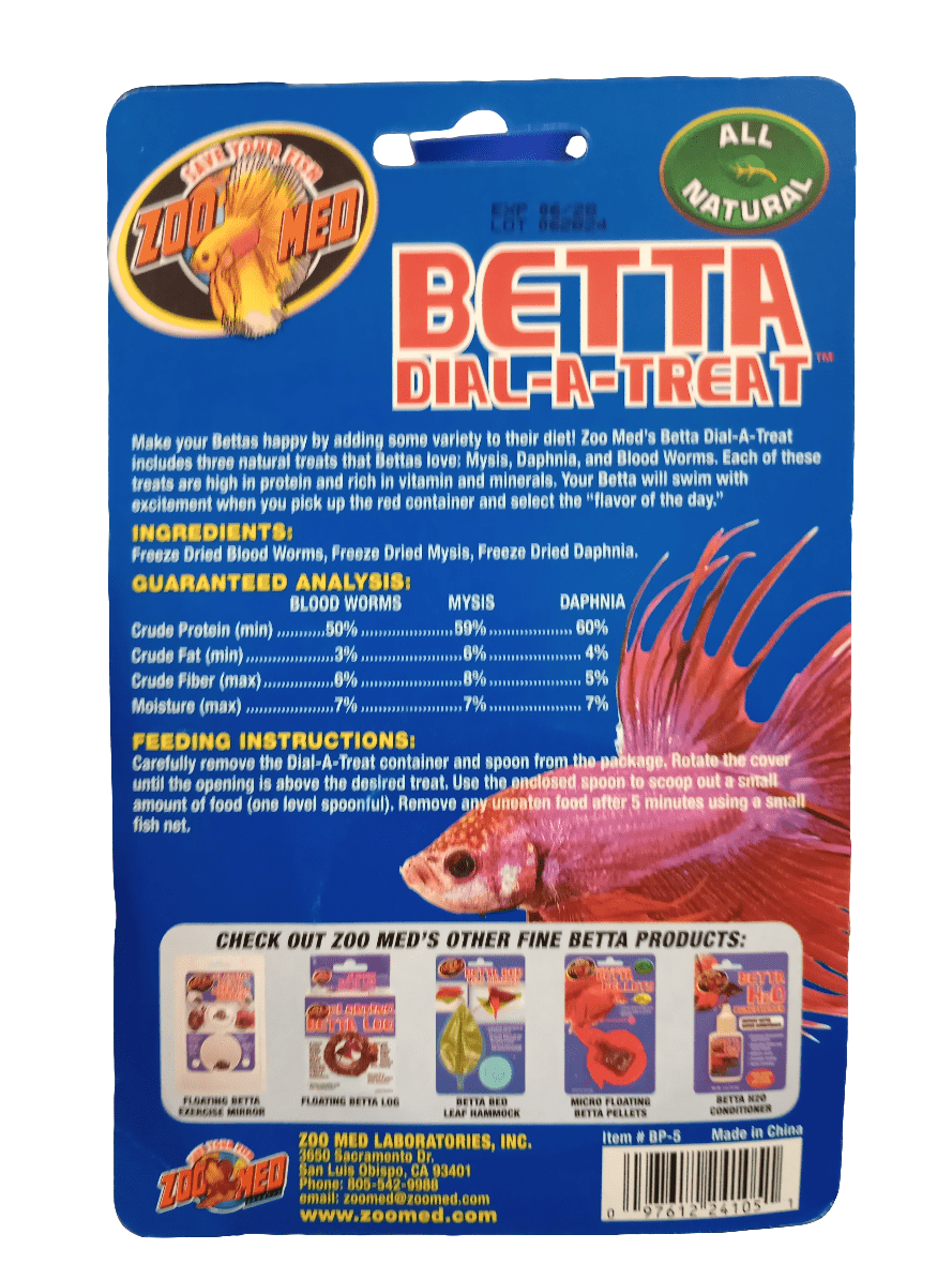 The packaging of Zoo Med's Betta Dial A Treat is adorned with a vibrant design and images showcasing freeze-dried blood worms, mysis, and daphnia. The text emphasizes features, feeding instructions, and a nutritional analysis.