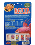 The packaging of Zoo Med's Betta Dial A Treat is adorned with a vibrant design and images showcasing freeze-dried blood worms, mysis, and daphnia. The text emphasizes features, feeding instructions, and a nutritional analysis.