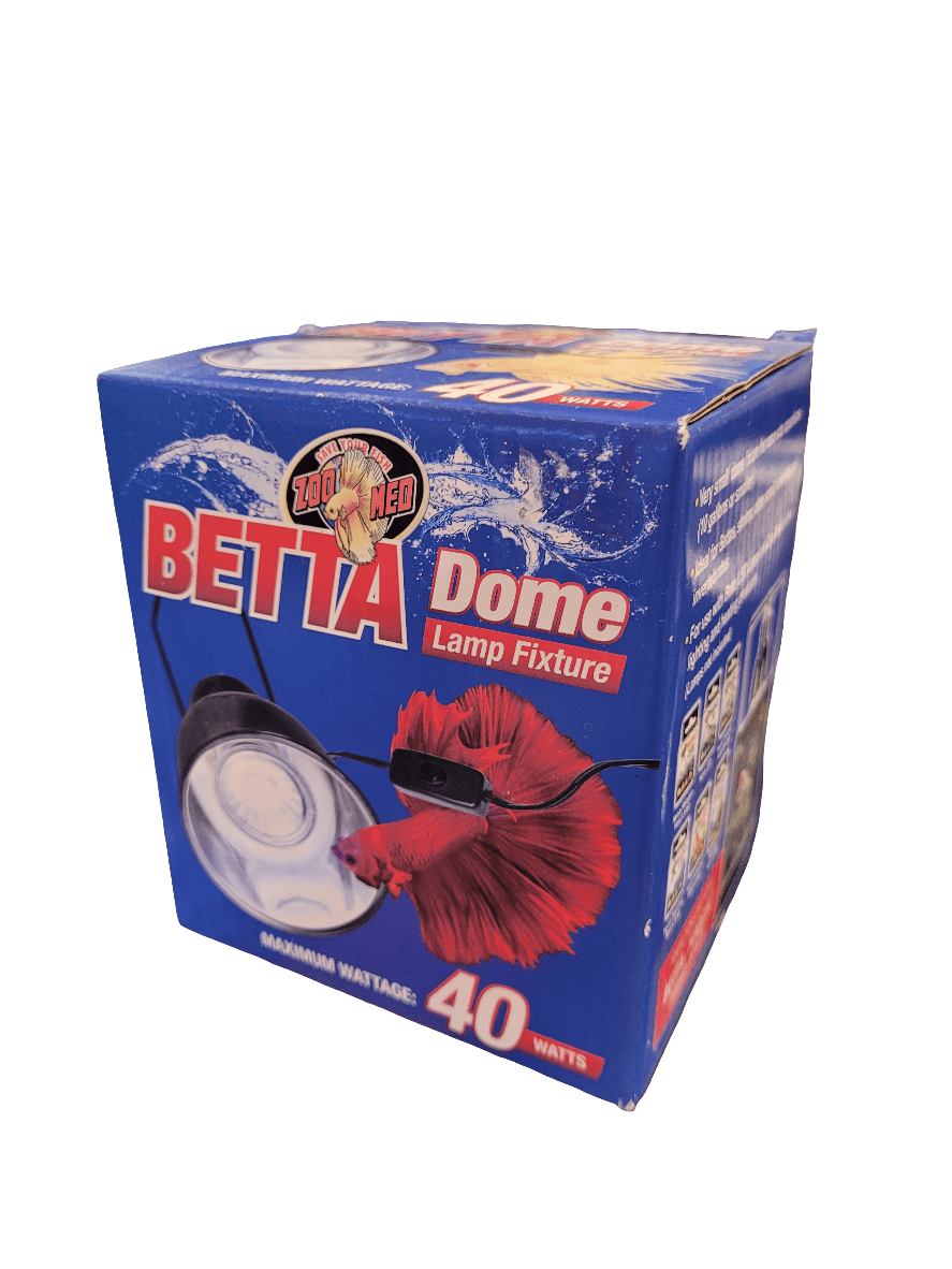 A Betta Dome Lamp Fixture from Zoo Med, featuring a 40-watt maximum wattage and packaged in a blue box with a design that includes an image of the light fixture and a red betta fish.