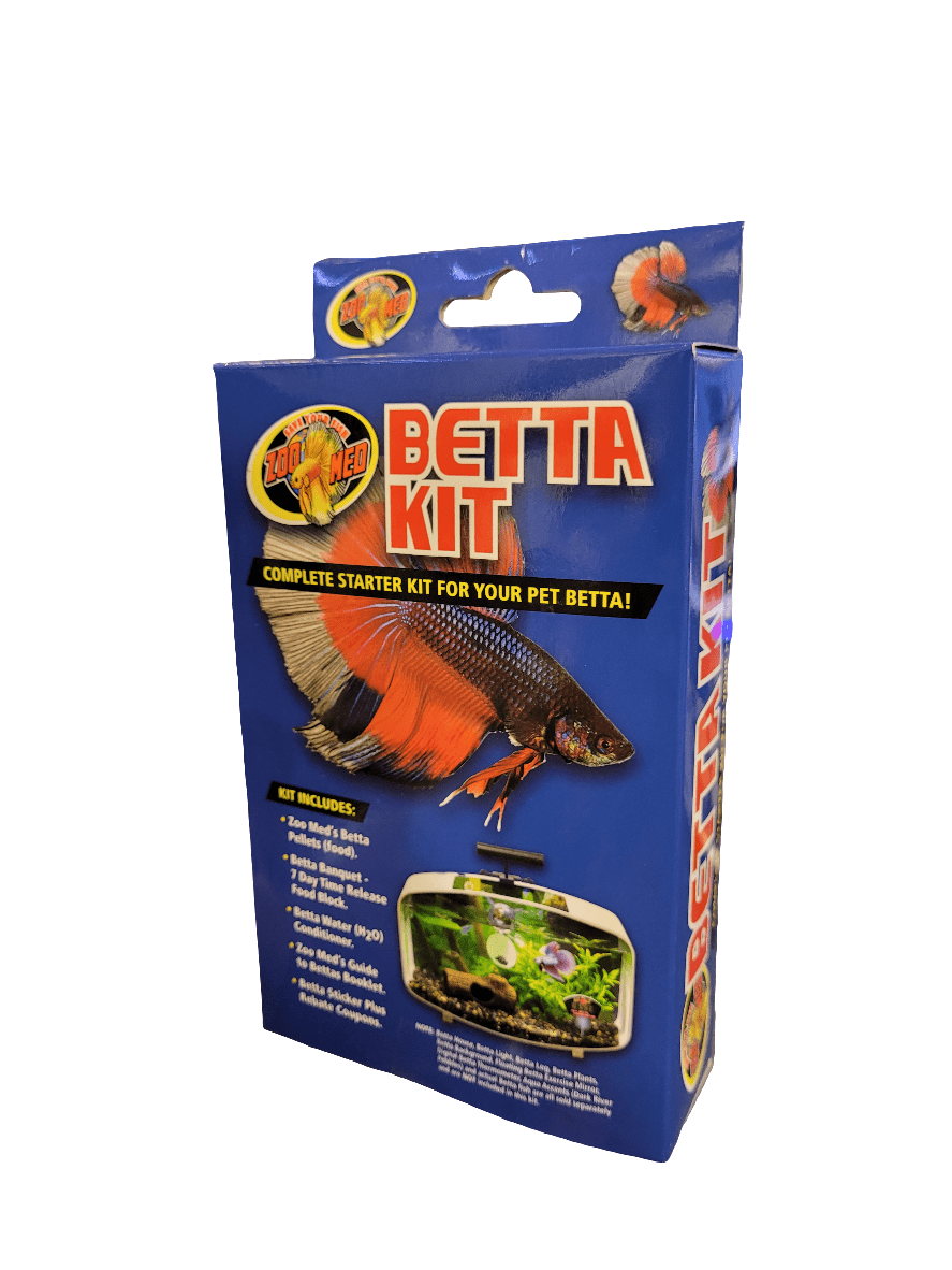 A Zoo Med - Betta Kit box showcasing images of a vibrant Betta fish alongside a small aquarium, emphasizing its status as a complete starter kit for pet Betta fish, with various components included for fish care and setup.