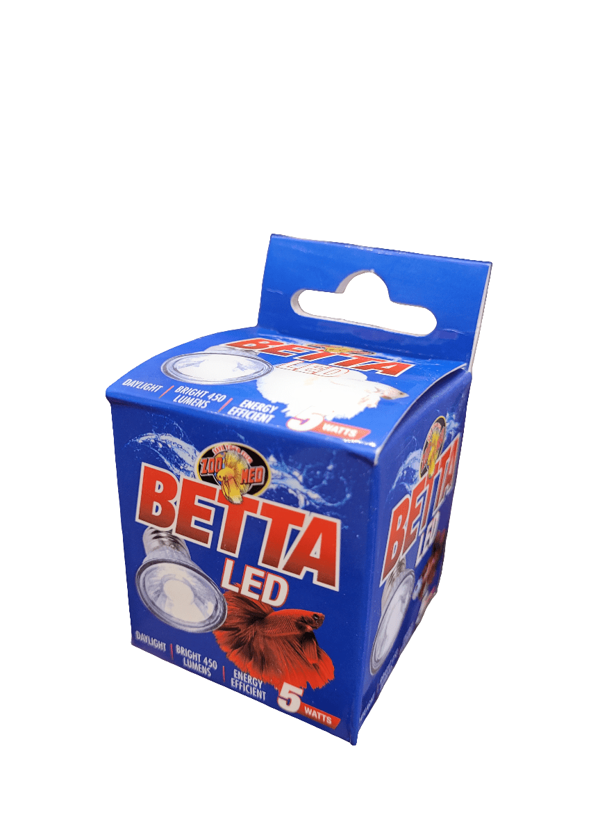 Blue packaging for the Zoo Med - Betta LED Bulb with product images and a fish graphic. The box showcases a 5-watt single LED bulb.