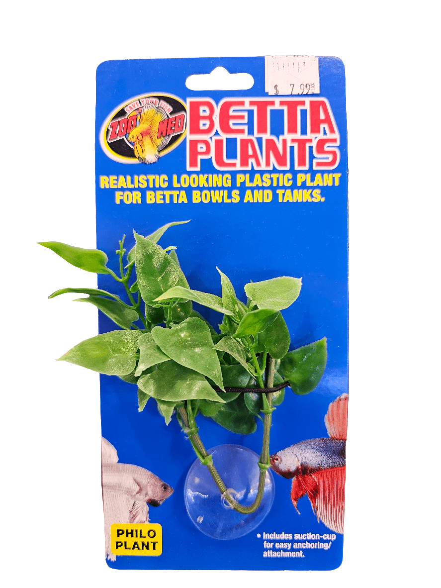 Packaging for Zoo Med's Betta Plants - Philo Plant, a realistic plastic plant crafted for betta bowls and tanks. The package showcases a visible suction cup and displays images of betta fish, with a price tag of $7.99.