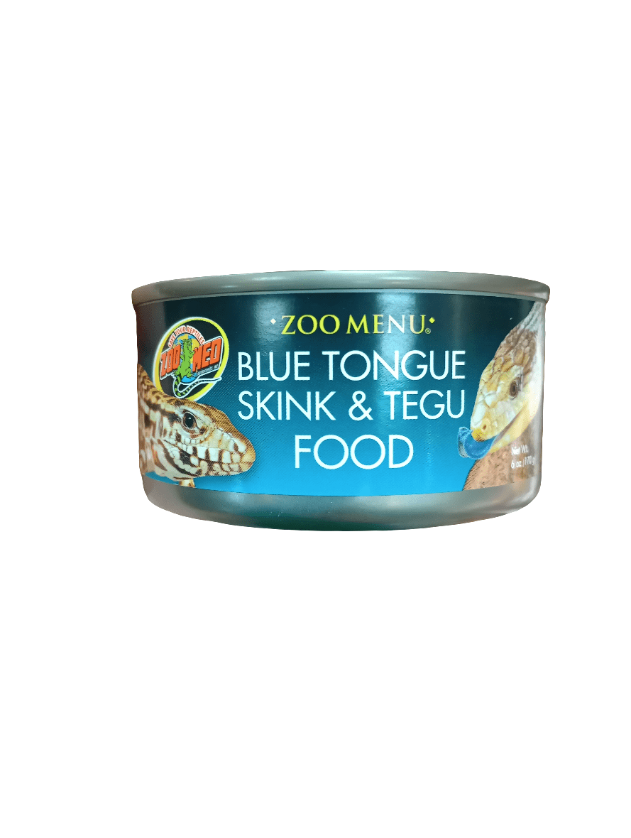 A can labeled Zoo Med Blue Tongue Skink & Tegu Food 6 Oz, featuring images of a skink and a tegu on the packaging.