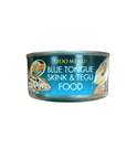 A can labeled Zoo Med Blue Tongue Skink & Tegu Food 6 Oz, featuring images of a skink and a tegu on the packaging.