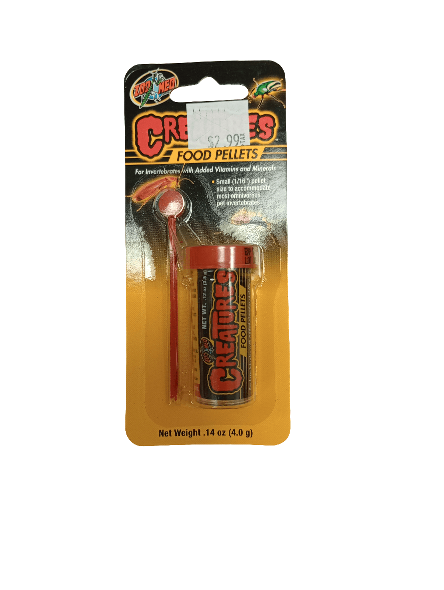 Zoo Med Creatures Food Pellets for invertebrates come with added vitamins and minerals, packaged in a small container featuring a feeding spoon against an orange background. Priced at $2.99.