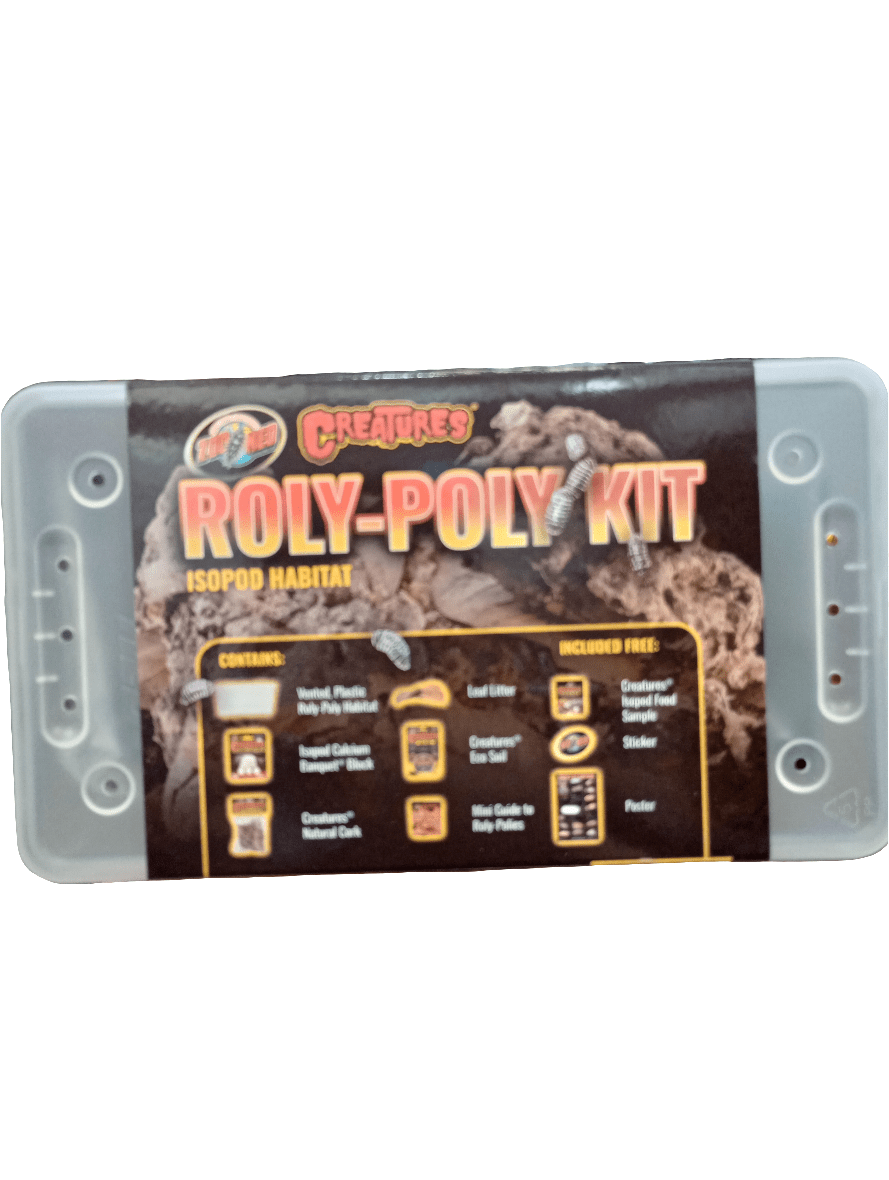 A kit labeled Zoo Med Creatures Roly-Poly Kit includes an isopod habitat in a plastic container. The packaging details contents like habitat soil, cork, and a water dish, along with free items such as sand, food, and a sticker.