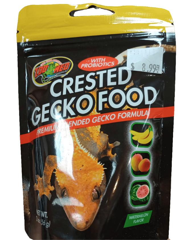 A 2oz package of Zoo Med Crested Gecko Food Watermelon with probiotics, featuring a yellow gecko image. This premium blended gecko formula boasts a watermelon flavor and is priced at $8.99.