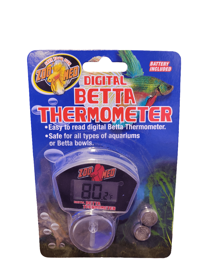 Packaging of the Zoo Med Digital Betta Thermometer, featuring a clear display, two batteries, and fish illustrations. Ideal for aquariums or Betta bowls.