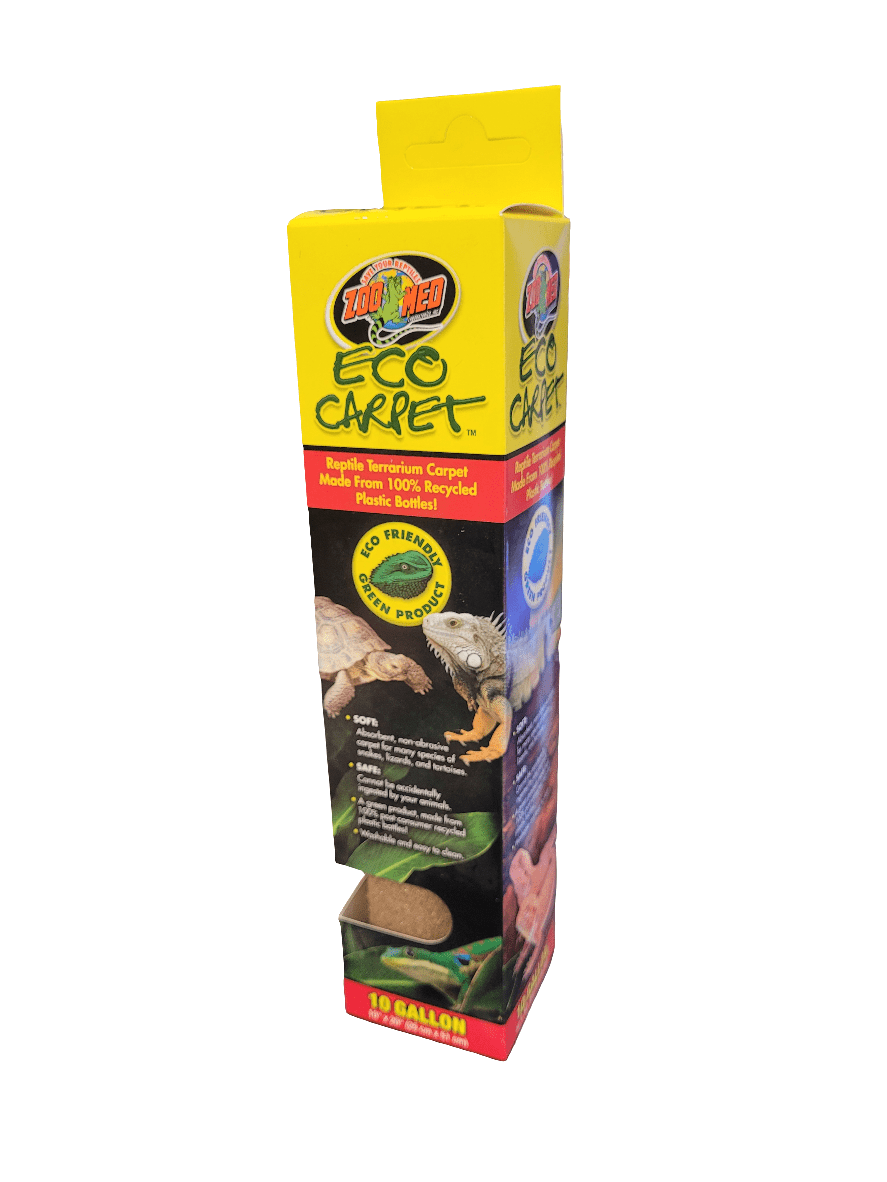 Zoo Med - Eco Carpet 10"x20" (10gal) - Brown is a terrarium liner made from 100% recycled plastic bottles. Designed to be eco-friendly, it's suitable for use in 10-gallon reptile tanks. The packaging includes images of reptiles and product details.