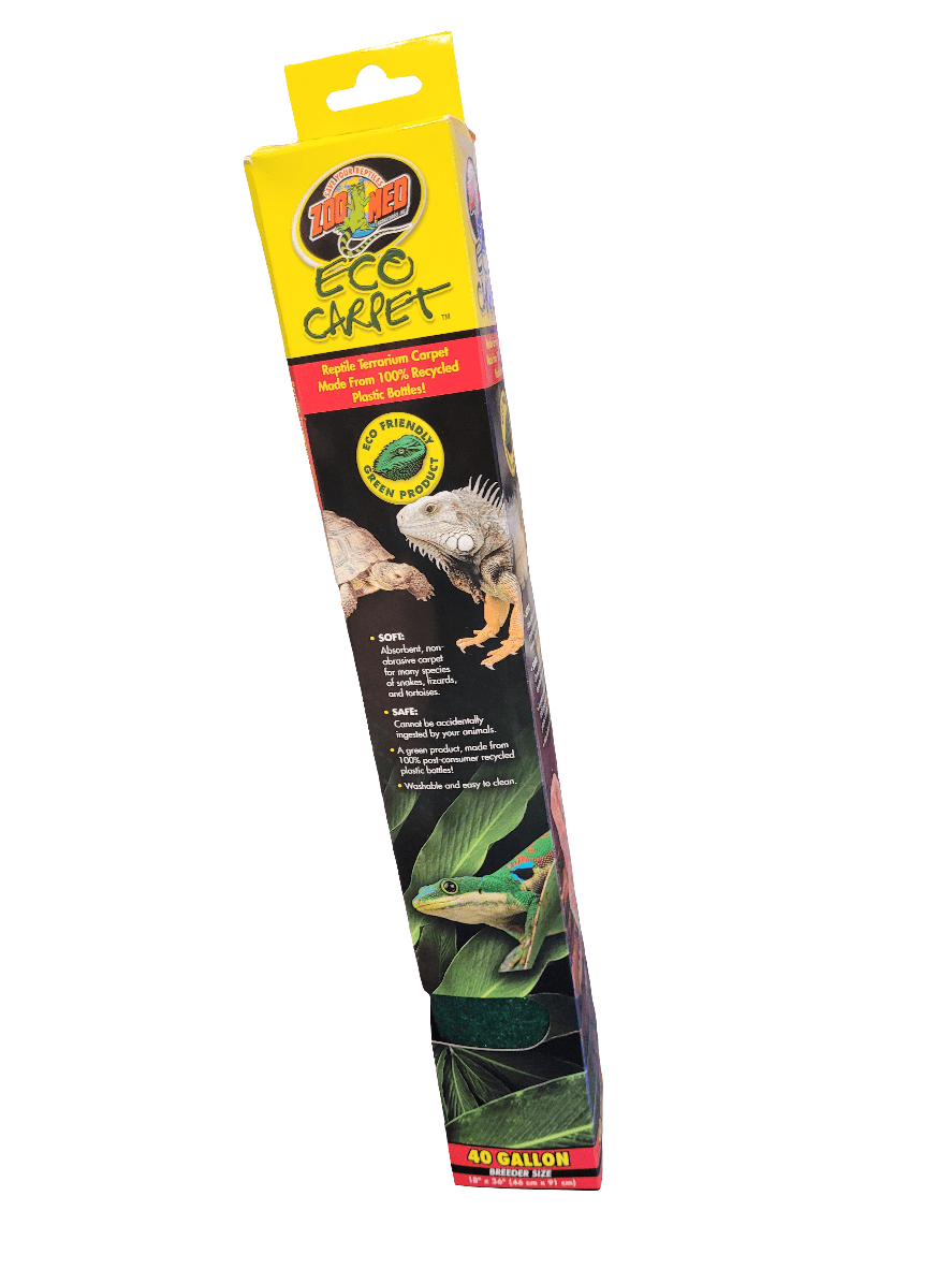 A packaged product labeled Zoo Med - EcoCarpet 18"x36" (40gal) - Green for reptiles. The box displays images of a lizard and a frog, emphasizing it as a safe and biodegradable terrarium substrate.