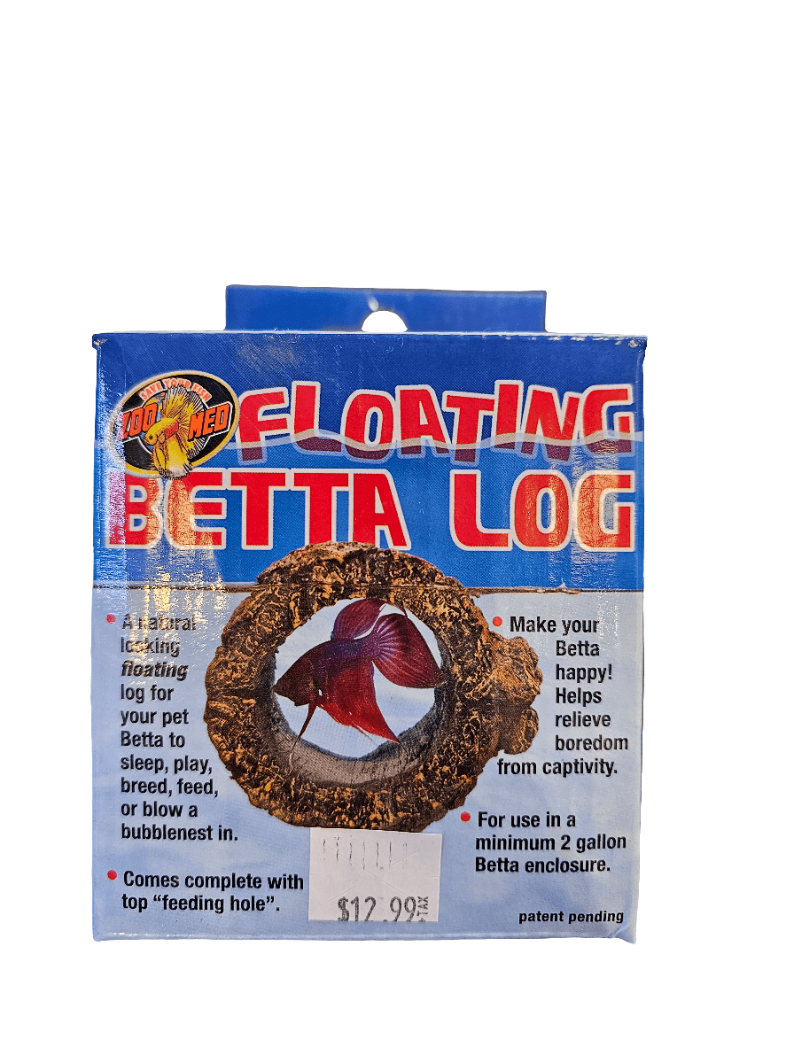 The packaging for Zoo Med's Floating Betta Log features an image of a decorative log with a betta fish inside. It claims to be a natural floating log that makes bettas happy and helps alleviate boredom, with a marked price of $12.99.