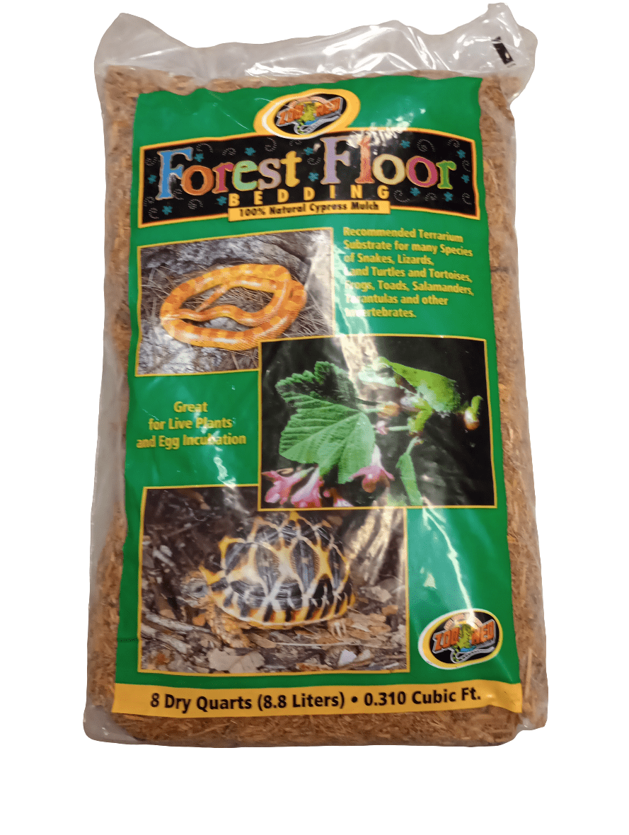 A package of Zoo Med Forest Floor 8qt showcases images of a snake, a frog, and soil on its label. The product is described as 100% natural cypress mulch and is ideal for reptiles and amphibians, containing 8 dry quarts (8.8 liters).