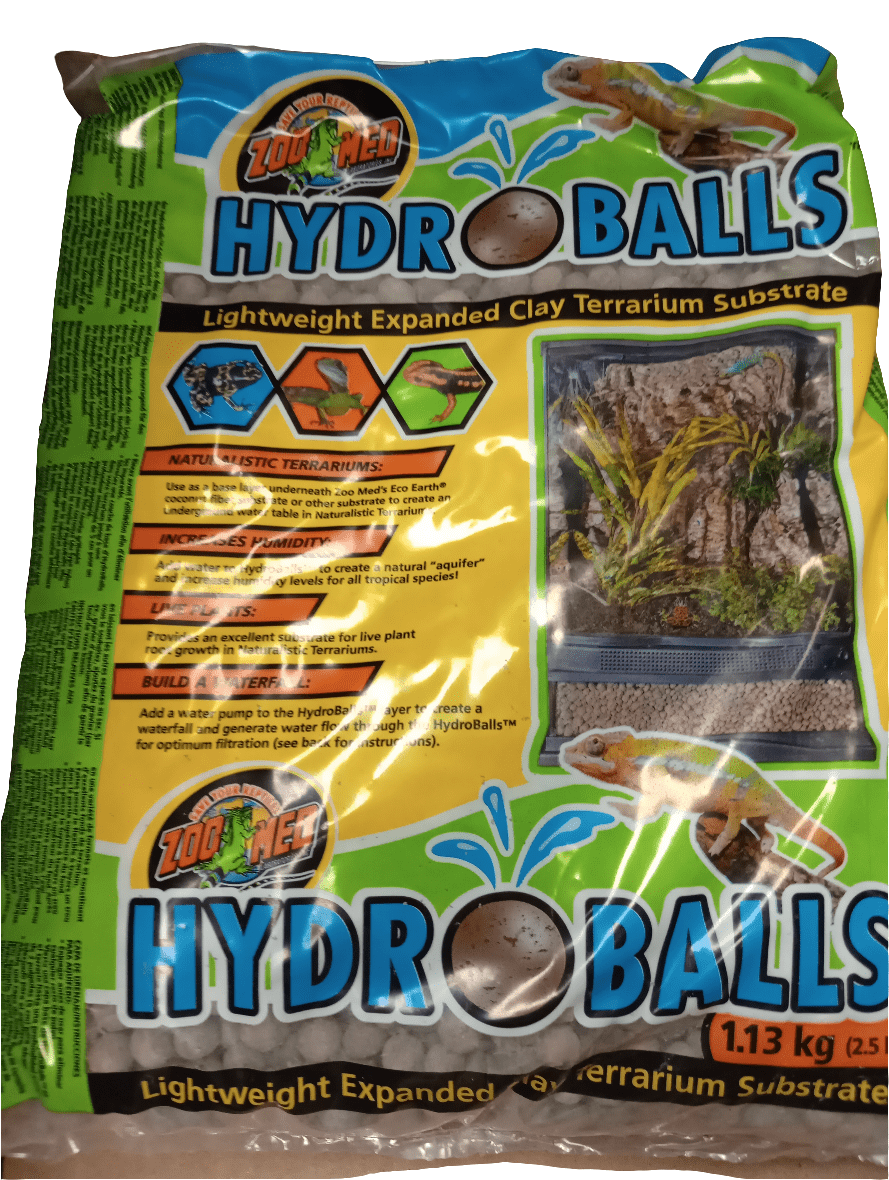 Image of the Zoo Med Hydro Balls 2.5 lbs bag containing lightweight expanded clay terrarium substrate. The packaging showcases images of a terrarium setup and provides information on naturalistic terrariums. The bag weighs 1.13 kg (2.5 lbs).