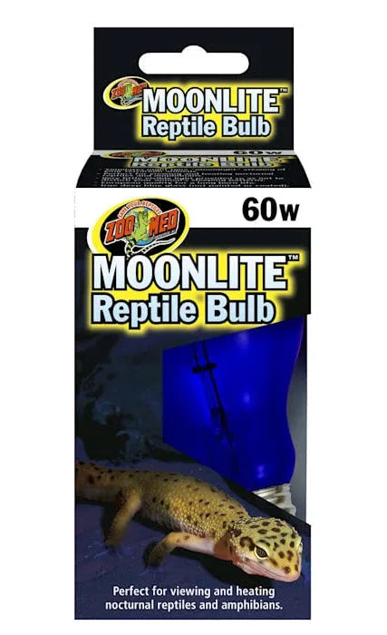 Packaging for the Zoo Med MoonLight Reptile Bulb 60w. The box displays an image of the bulb emitting a blue glow and includes a gecko at the bottom. It is labeled as ideal for viewing and heating nocturnal reptiles and amphibians.