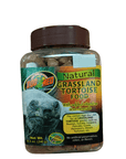 A bottle of Zoo Med Natural Grassland Tortoise Food 8.5oz, enriched with vitamins and minerals. The packaging displays an image of a tortoise and emphasizes a high-fiber diet ideal for different tortoise species, with a net weight of 8.5 oz (240 g).