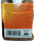 The back of the Zoo Med Natural Grassland Tortoise Food 8.5oz package provides feeding instructions for grassland tortoise species, featuring a high-fiber diet mix of hay, wheat middlings, alfalfa meal, and various vitamins and minerals. The package is labeled ZM-130 and proudly made in the USA.