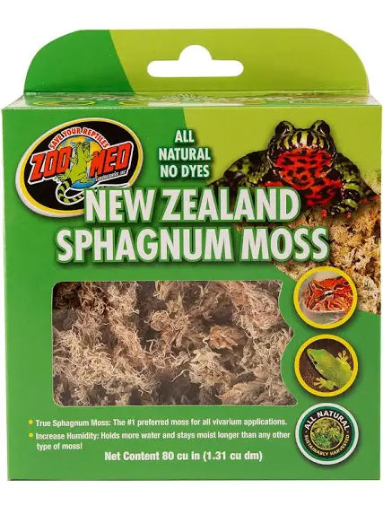 Image of a Zoo Med - New Zealand Sphagnum Moss Sml product box. The green packaging showcases an image of a frog, provides product information, and emphasizes the benefits of the moss for vivarium use. The net content is 80 cu in (1.31 cu dm).