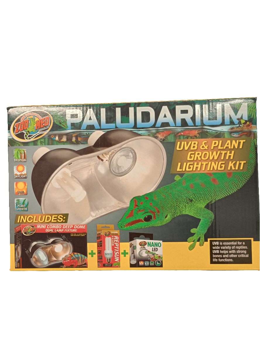 Packaging for the Zoo Med Paludarium UVB and Plant Growth Lighting Kit includes a UVB bulb and grow light, featuring a diagram of the lights along with a vibrant illustration of a gecko. Comes with a mini combo deep dome and nano LED light.