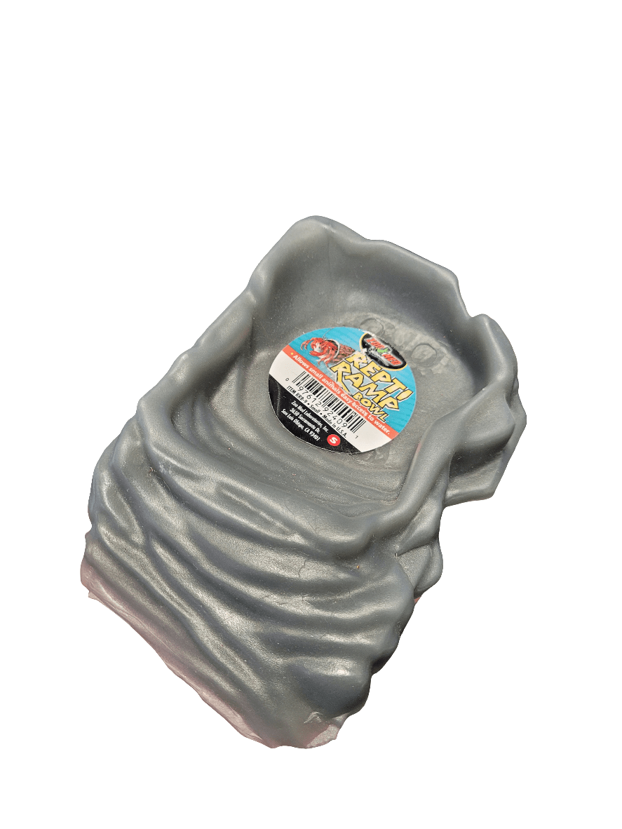 Zoo Med's Repti Ramp Bowl - Small is a gray, rocky-textured water dish designed for reptiles, complete with a label featuring colorful graphics and a bar code.