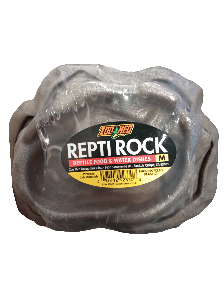 A medium-sized gray dish labeled Zoo Med Repti Rock Combo Water And Food Dish Med, designed for reptiles to have both food and water, has a stone-like appearance and comes wrapped in clear packaging with a black label that details the product information.