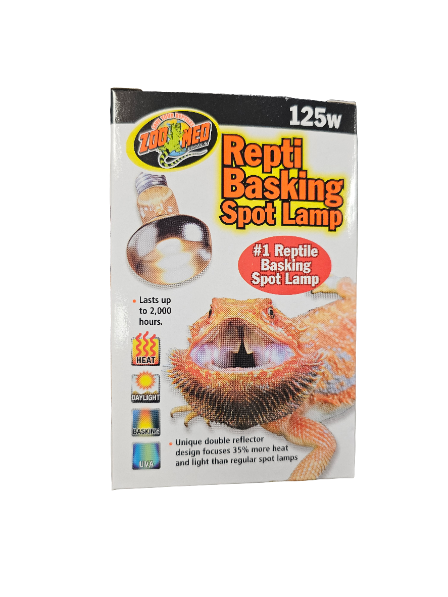 Zoo Meds 125W ReptiBasking Spot Lamp, showcasing a bearded dragon image, claims to provide 35% more focused heat and light than standard spot lamps and has a lifespan of up to 2,000 hours.