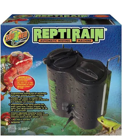 Zoo Meds ReptiRain Misting Machine box displays the device image, a chameleon and frog graphic, highlighting features and enhancements for indoor/outdoor reptile care.