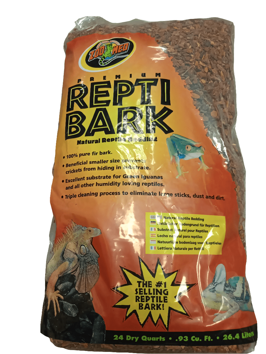 Zoo Med Reptibark 24 Qt features a vibrant packaging with orange and yellow hues, adorned with images of reptiles. It emphasizes benefits like being natural, humidity-absorbing, and ideal for iguanas.