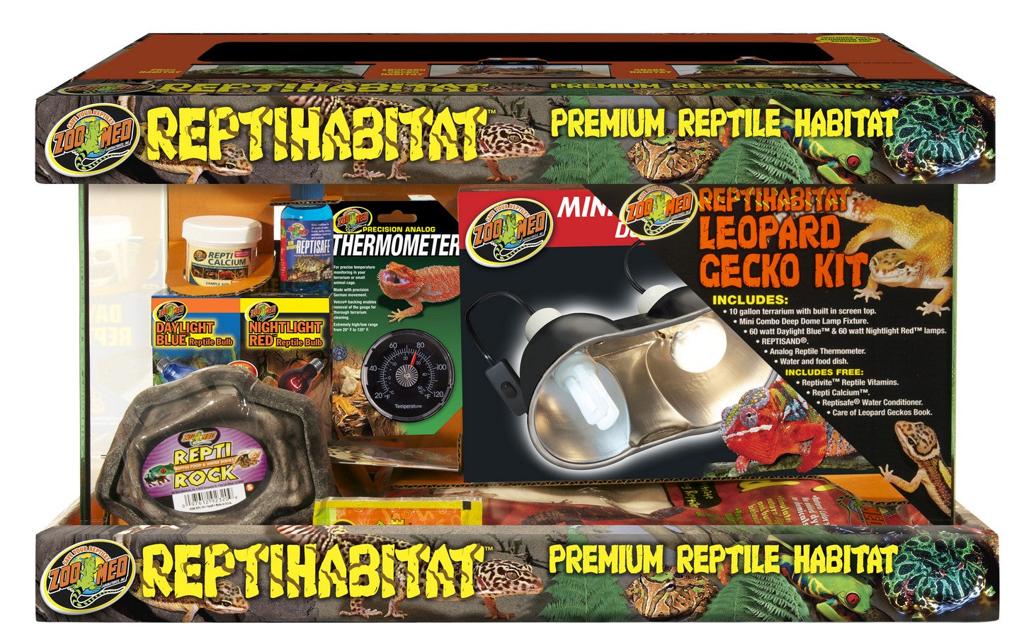 A packaged reptile habitat kit called the Zoo Med Reptihabitat Premium Reptile Kit Leopard Gecko 10 Gal. The box contains items such as a thermometer, reptile rock, and lighting equipment. The packaging is adorned with images of reptiles and provides product details.