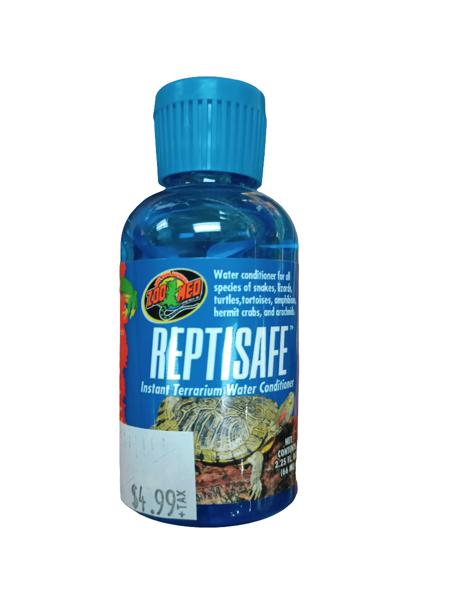 A bottle of Zoo Med Reptisafe Water Conditioner 2.25 Oz, designed as an instant terrarium water conditioner for reptiles and amphibians, featuring a blue bottle with a blue cap and images of reptiles.