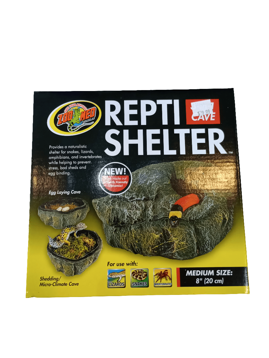 The image showcases the packaging of the Zoo Med Reptishelter 3-in-1 Cave Medium, emphasizing a naturalistic cave designed for snakes, lizards, and amphibians. This medium-sized (8 inches/20 cm) shedding and micro-climate shelter is perfect for reducing stress and accommodating various reptiles.