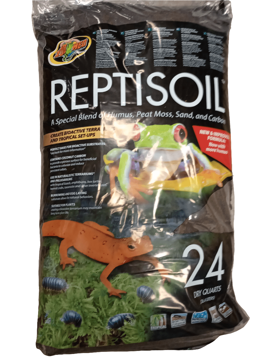 A 24-quart bag of Zoo Med Reptisoil 24 Qt Dry features images of a tree frog and a salamander on the front, with packaging that emphasizes its blend of humus, peat moss, sand, and carbon for bioactive terrariums and tropical setups.