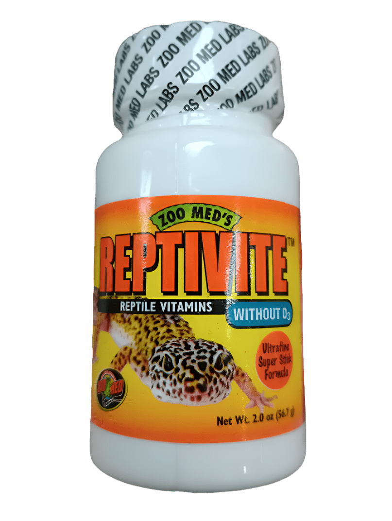 A 2-ounce container of Zoo Med Reptivite Without D3 reptile vitamins displays an image of a leopard gecko on the label, emphasizing its ultrafine super stick formula.