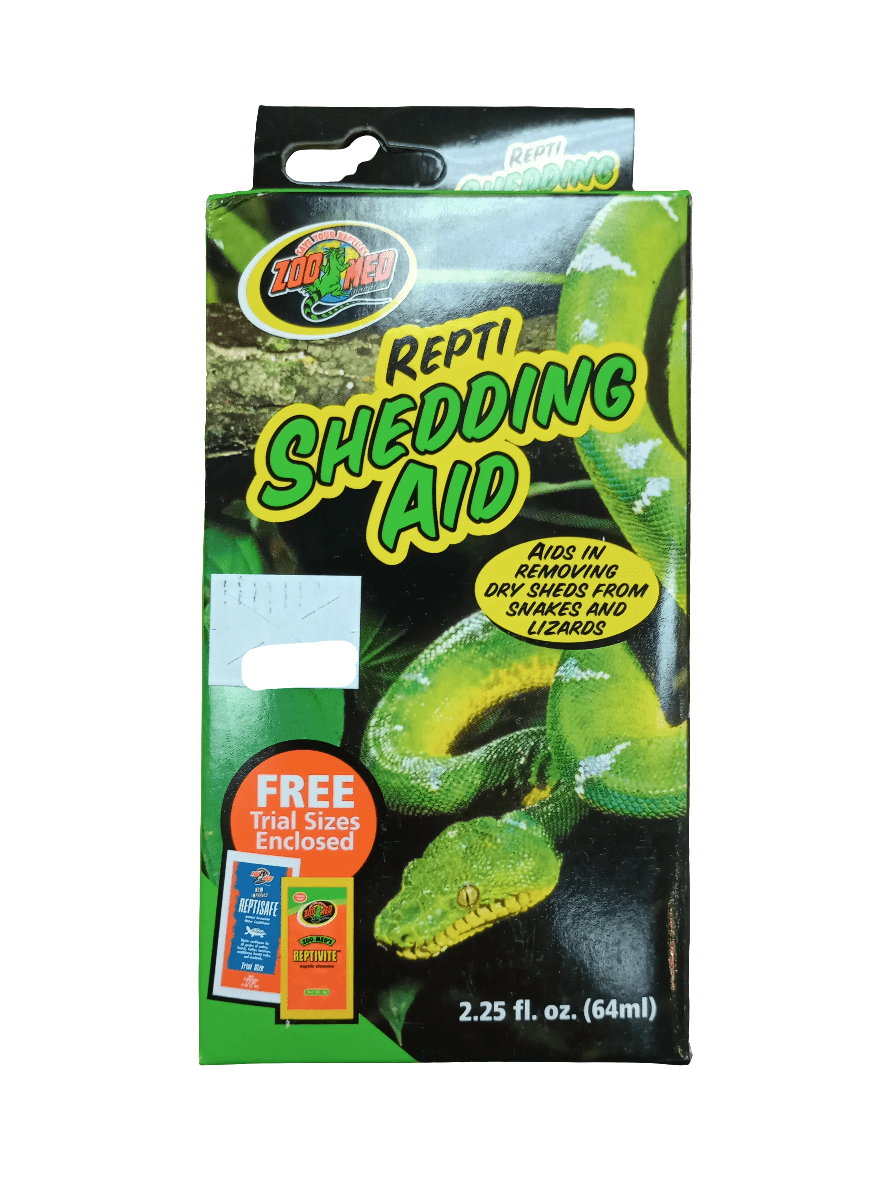 A green packaging of Zoo Med Shedding Aid adorned with a snake illustration. The text states: Enhances reptiles' skin and assists in eliminating dry sheds from snakes and lizards. Includes a mention of free trial sizes for an additional visible sheen. Contains 2.25 fl. oz. (64 ml).