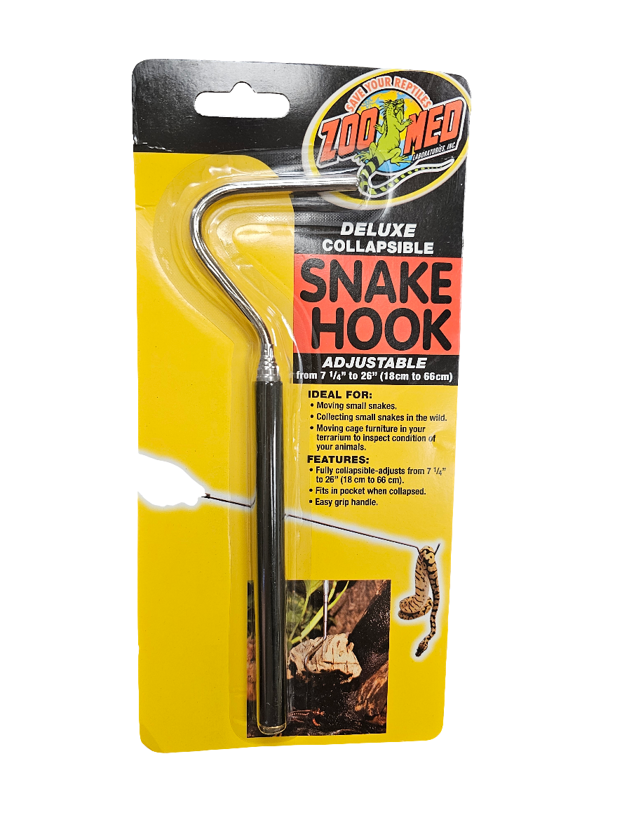 The Zoo Med Snake Hook features an adjustable range from 18 to 66 cm, a black handle, and a silver hook, making it perfect for handling small snakes.