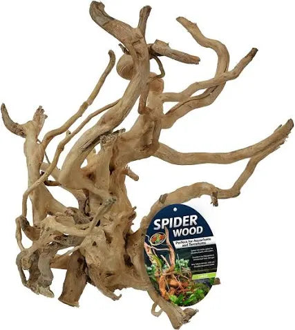 A large, light brown piece of Zoo Med Spider Wood with twisting branches and textures is labeled for aquarium use, showcasing a natural and intricate design perfect for decoration.