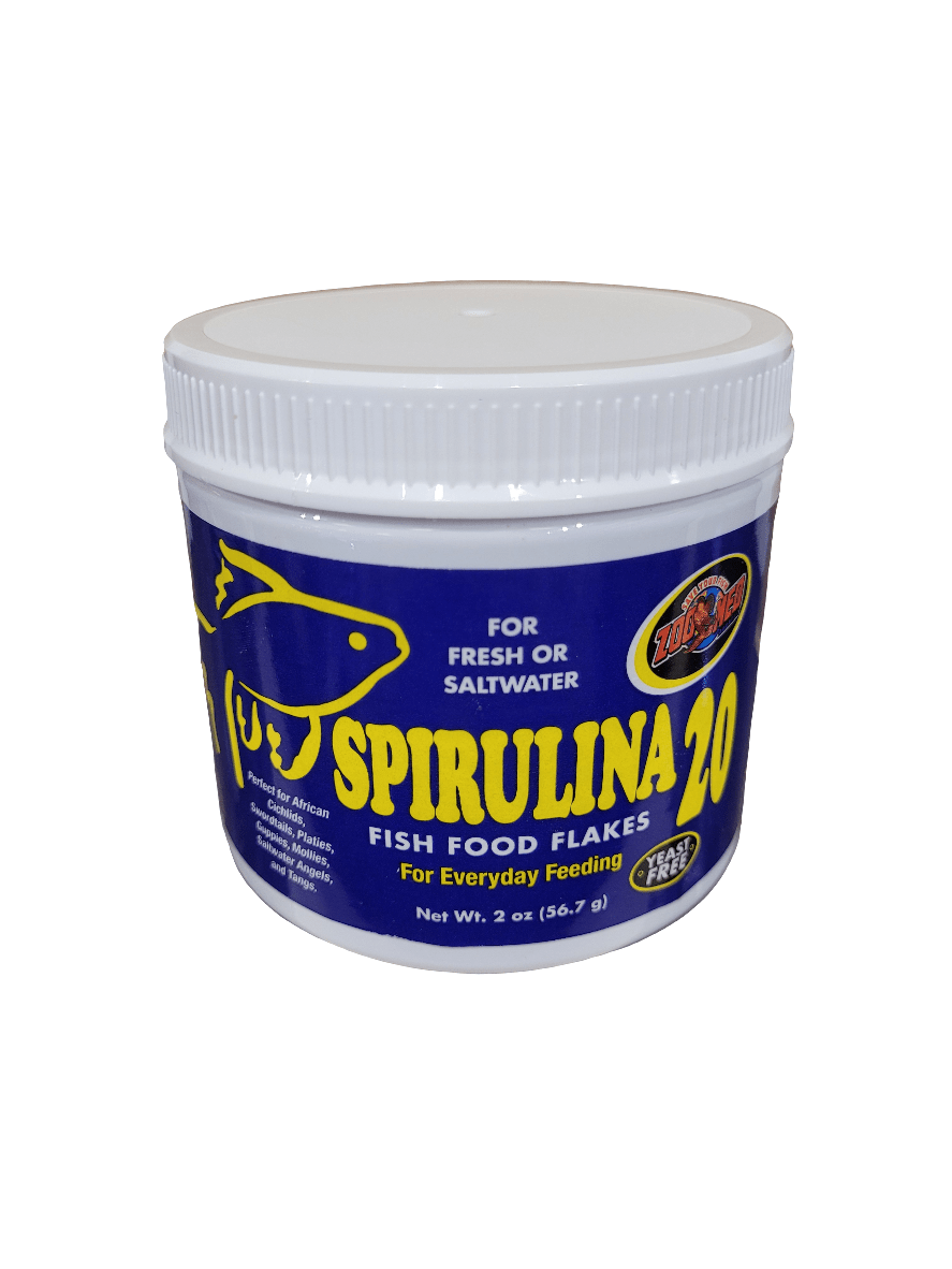 A 2 oz jar of Zoo Med Spirulina 20 Flakes, suitable for both fresh and saltwater, features a blue label with a fish graphic and emphasizes natural nutrients and colors.