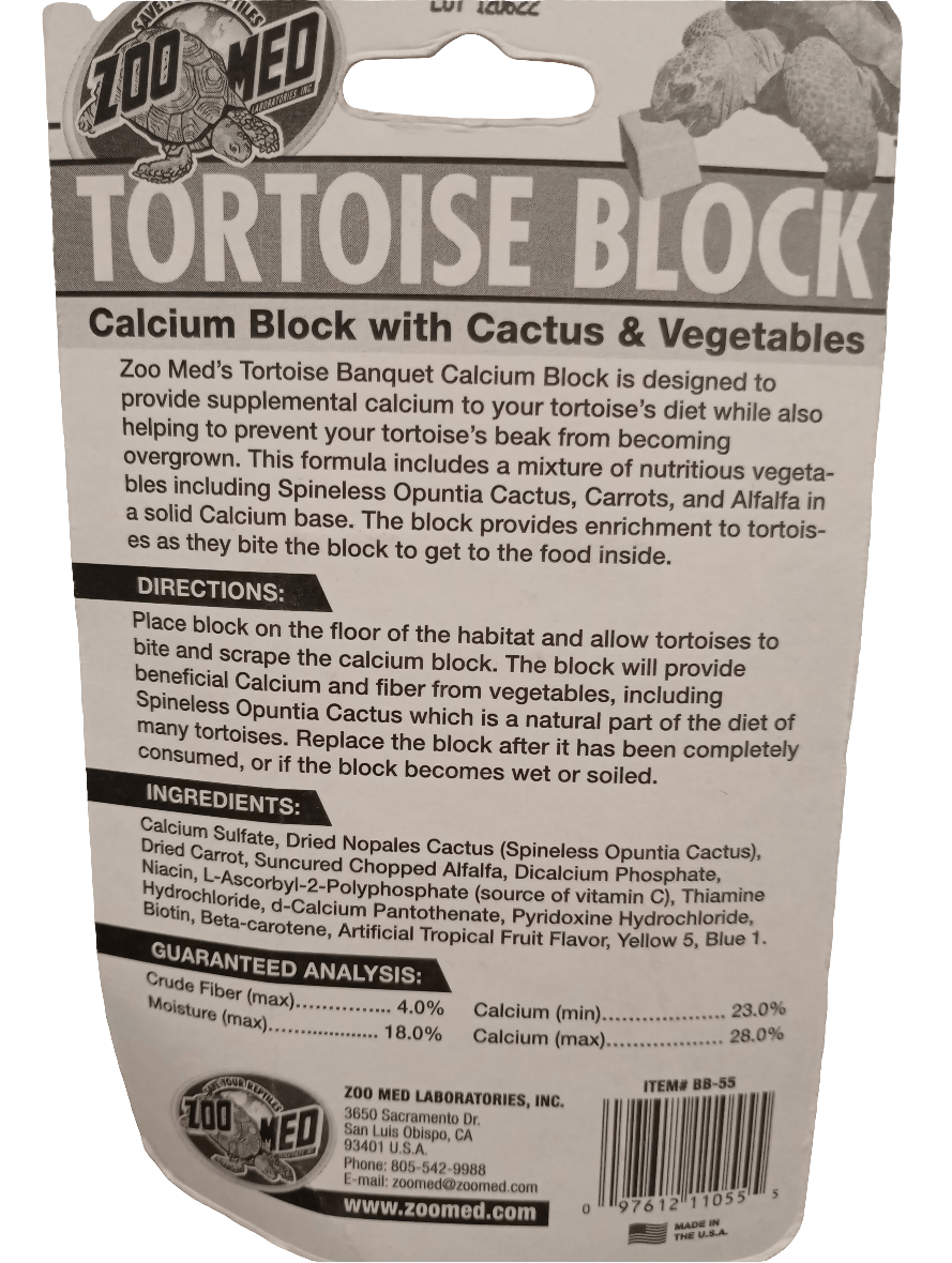 The image displays the packaging for Zoo Med Tortoise Block, which features a calcium block with cactus and vegetables. The reverse side of the package contains a product description, directions for use, guaranteed analysis, and ingredient details.