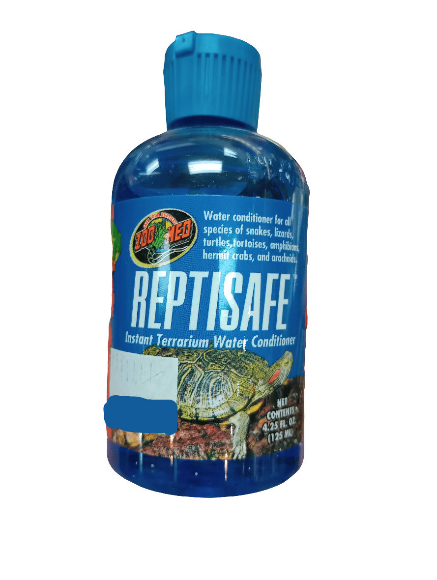 The Zoo Med Water Conditioner 4.25oz is a blue bottle of instant terrarium water conditioner specifically designed for reptiles and amphibians, such as snakes, lizards, and turtles. The label features images of reptiles and indicates a net content of 4.25 fl oz (125 ml).