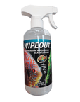 The Zoo Med - Wipeout Glass Cleaner - 16oz spray bottle, adorned with images of a fish and a plant, contains 16 fluid ounces (473 ml) of solution. Its non-toxic formula, safe for both aquatic life and plants, easily removes hardwater deposits using plant-based ingredients.