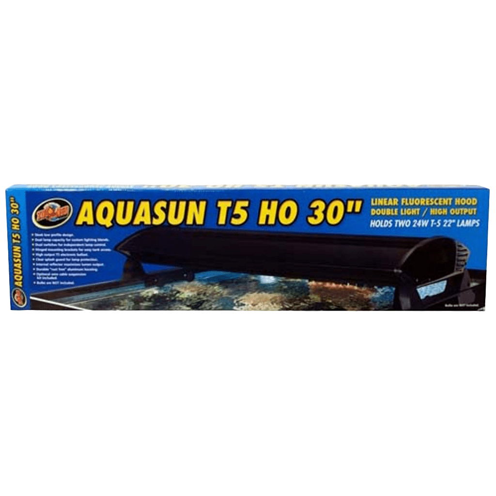 Packaging for the ZooMed - Aquasun T5-HO 30". This high-output fluorescent hood accommodates two 24W T5 lamps, offering efficient lighting solutions for aquariums.