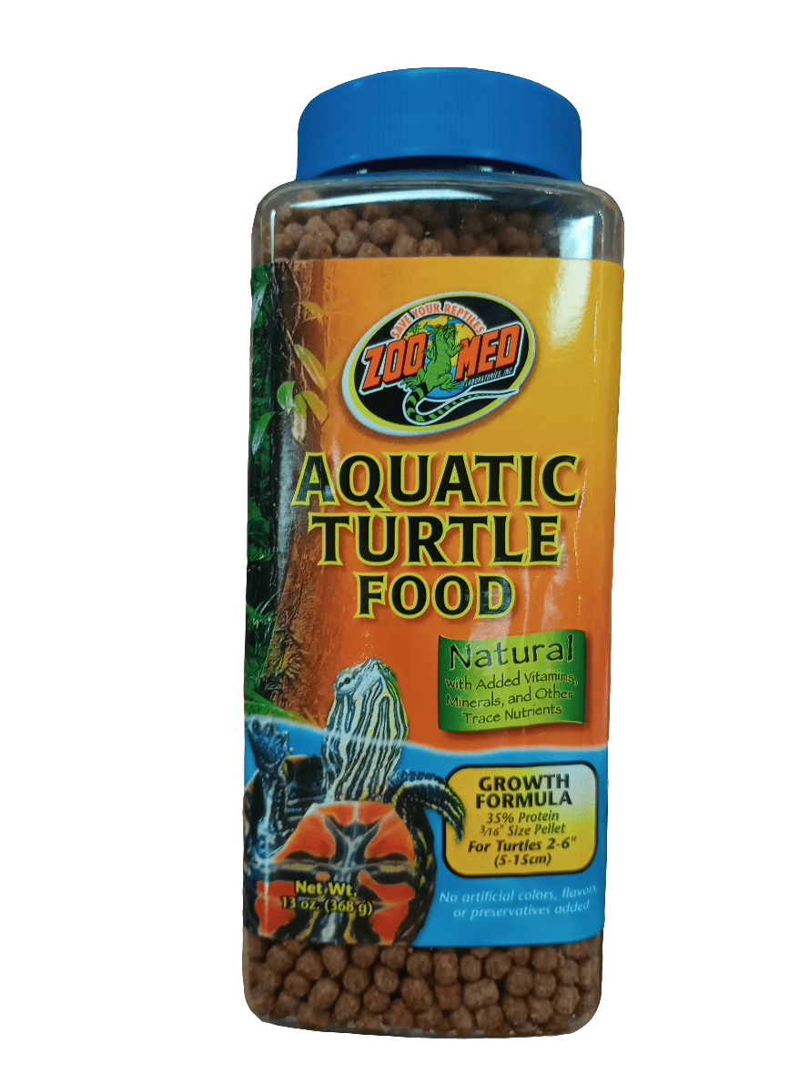 The 13oz jar of ZooMed Aquatic Turtle Food presents brown pellets, emphasizing its natural growth formula designed for turtles over 2 inches. It is enriched with essential vitamins and minerals and features vibrant packaging with a striking turtle image in orange and blue colors.